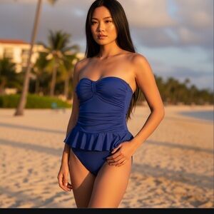 Lauren Ralph Lauren Bel Air Navy White Swimsuit One Piece Skirt attatched